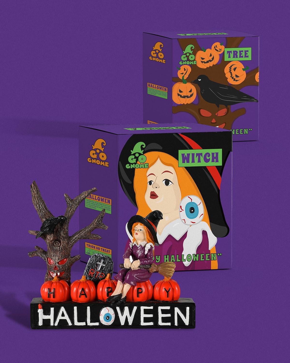 Halloween Decorations Indoor 7.8'' Resin Monsters - Witch Pumpkins Black Crow Spooky Tree R.I.P Graveyard Tombstones with Decorative Happy Halloween Sign Figurines (Witch)