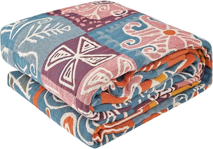 Boho Throw Blanket for Bed - 100% Pure Cotton Ultra Soft Rustic Quilt - Farmhouse Decor Bed Blankets, All Season Rustic Throw for Sofa Couch Chair(80''x 90'', Art Squares)