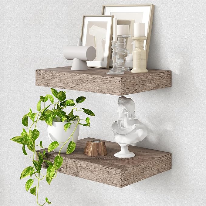 Deep Floating Shelves for Wall | 16 Inch Wide x 12 Inch Deep Floating Shelves Set of 2 | Rustic Grey Wood Wide Wall Shelves | Bookshelf Laundry Shelf TV Shelf