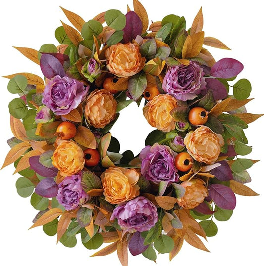 24 Inch Fall Wreath for Front Door - Autumn Wreath with Peony, Maple Leaves, Berries - Farmhouse Thanksgiving Halloween Decor for Porch, Front Door, Indoors & Outdoors - Rustic Harvest Home Decor