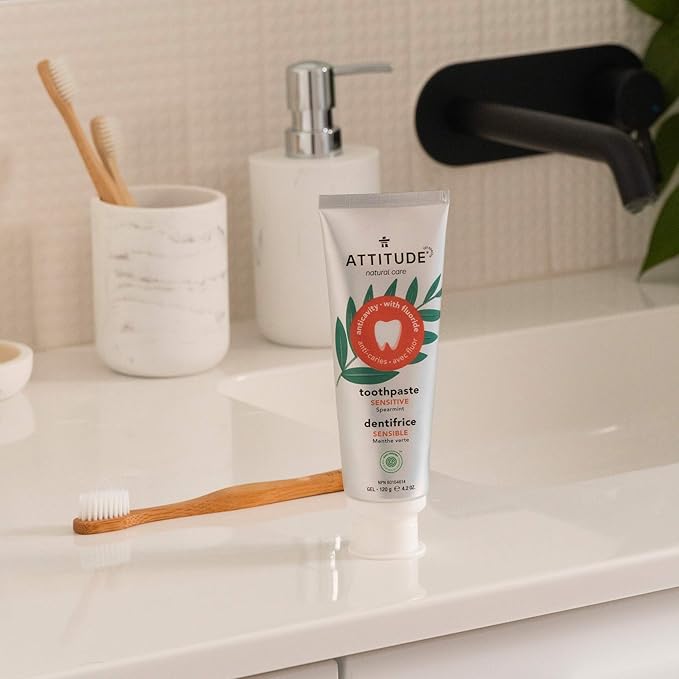 ATTITUDE Toothpaste with Fluoride, Prevents Tooth Decay and Cavities, Vegan, Cruelty-Free and Sugar-Free, Sensitive, Spearmint, 4.2 Oz (Pack of 2)