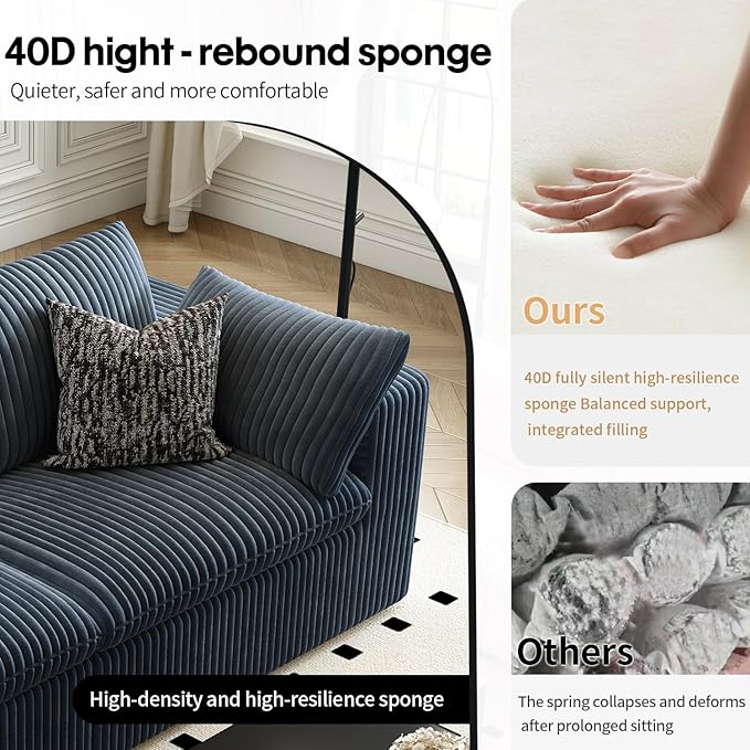 118" Cloud Couch Modular Sectional Sofa for Living Room,Modern Sofa with Deep Seat，L-Shape Boneless Couch with Ottoman,Comfy Upholstered Corduroy Couches for Apartment, Studio, Office,Bedroom，Blue