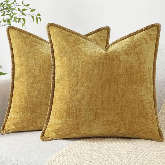 decorUhome Chenille Soft Throw Pillow Covers 22x22 Set of 2, Farmhouse Velvet Neutral Decorative Euro Pillow Covers with Stitched Edge for Couch Sofa Bed Home Decor, Mineral Yellow