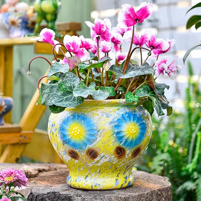 Sungmor Ceramic Hand Painted Succulent Flower Pots, 9 Inch Large Pottery Pots for Indoor Outdoor Plants, Decorative Ceramic Vase for Flower Arrangement Home Decor, Vintage Centerpieces Flowerpot