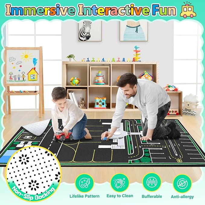 Kids Rug, Road Carpet for Kids with Combined City Road Traffic System, Car Rug and Airport Play Mat, 3x5 Ft Children’s Play Rugs for Playroom, Children’s City Traffic Map Fun Car Mat,Non-Slip
