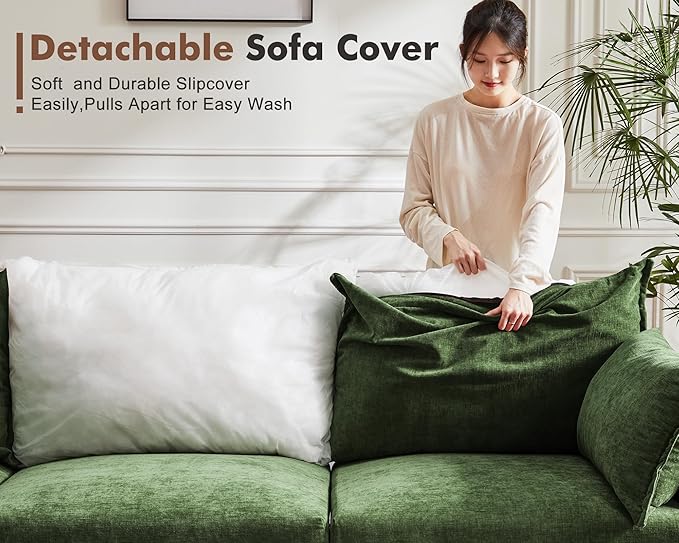 Oversized Loveseat Sofa, Modern Modular Sectional Couch Green Fluffy Chenille Mid Century 2-Seat 24.5" Deep Seat for Apartment, Living Room, Bedroom