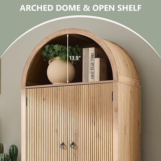 71" Tall Arched Bathroom Storage Cabinet, Modern Fluted Storage Cabinet w/Doors, 3 Adjustable Shelves, 6 Door Shelves, Wood Freestanding Cabinet for Bathroom, Entryway, Hallway, Natural