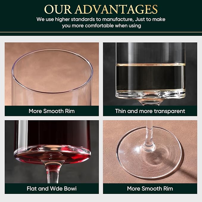 Premium Crystal Wine Glasses - Hand Blown, Thin Rim, Long Stem, Square Unique Design - Set of 4, 15oz - Perfect for Men or Women, Wedding, Anniversary, Christmas, Birthday Gift
