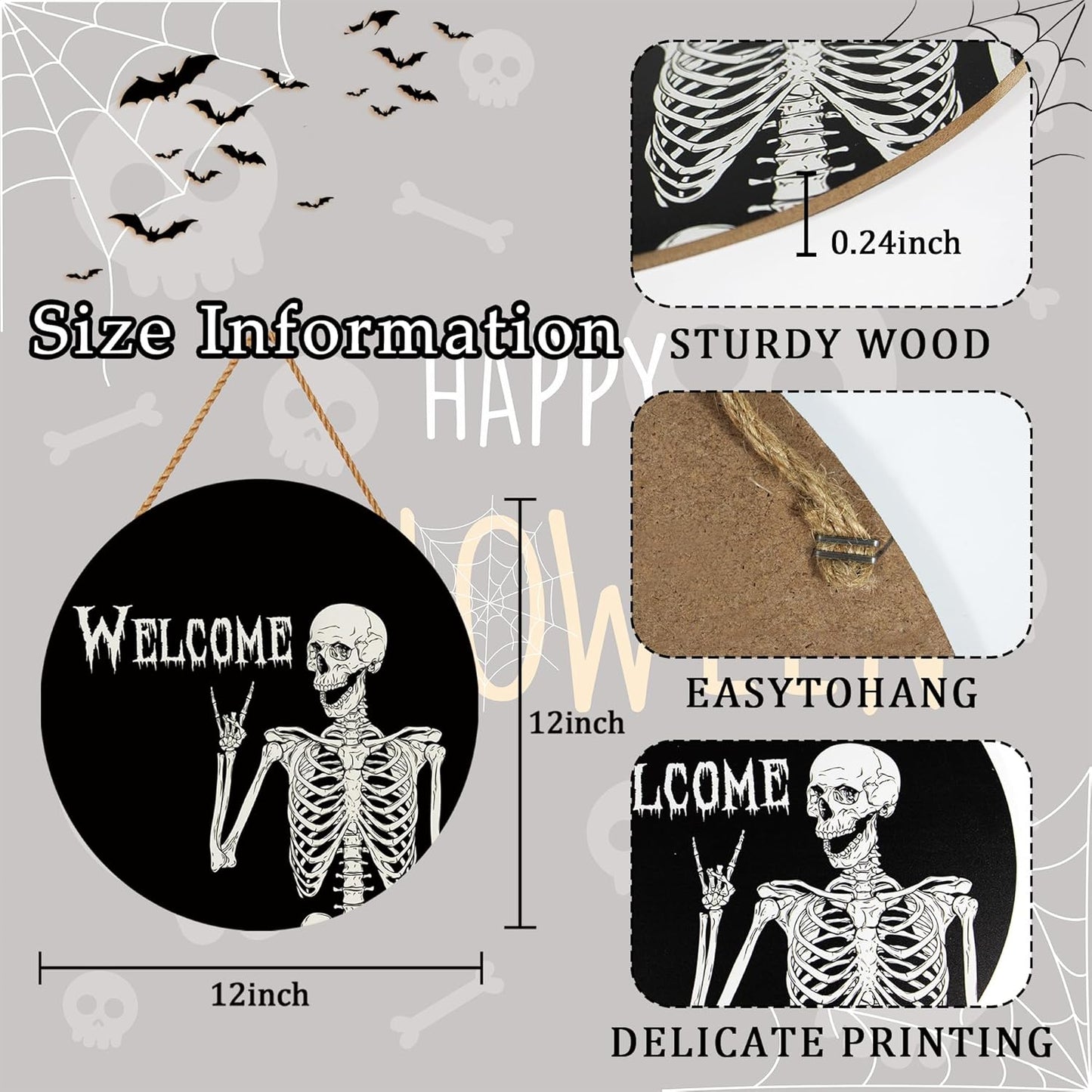 Halloween Decorations Wreath Halloween Skull Welcome Door Sign Front for Door Decoration, Rustic Wooden Holiday Decor for Front Door Porch Window Wall Farmhouse Indoor Outdoor