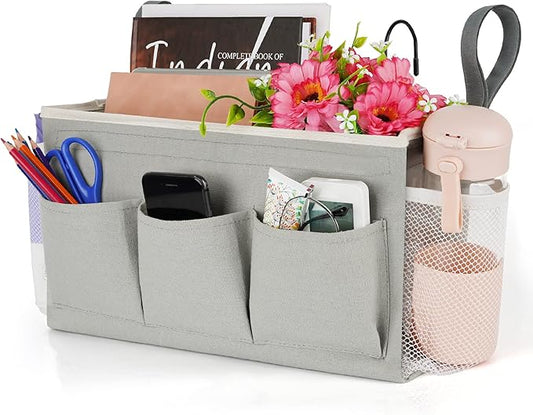 Bedside Storage Organizer with Fixed Straps and Water Bottle Holder for Home, College, Dorm, Bunk / Hospital Bed, Crib Bed Rails (Grey)
