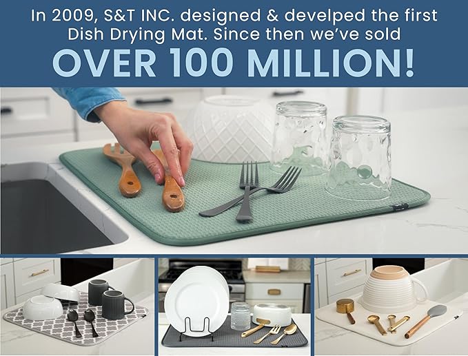 S&T INC. Dish Drying Mat, 16” x 18”, Absorbent Microfiber Kitchen Counter Mat, Dish Drying Pad for Dishes, Utensils, Pots and Pans, Large, Grey Stone