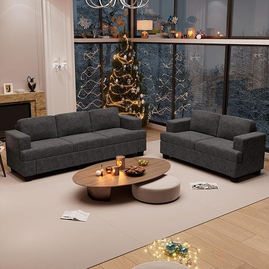 2 Piece Set Comfy Sofa Couch, 3 Seater & Loveseat Sofa with Deep Seats, Modern Sleeper Couch for Living Room, Dark Grey Chenille