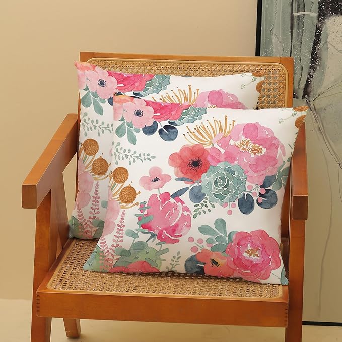 CXMEIFLY Spring Floral Pillow Covers 18 x 18 Inch Set of 2 for Watercolor Pink Flowers Decor Throw Pillows Green Leaves Plant Outdoor Decorative Cushion Cases with Zipper for Couch Bed Decorations