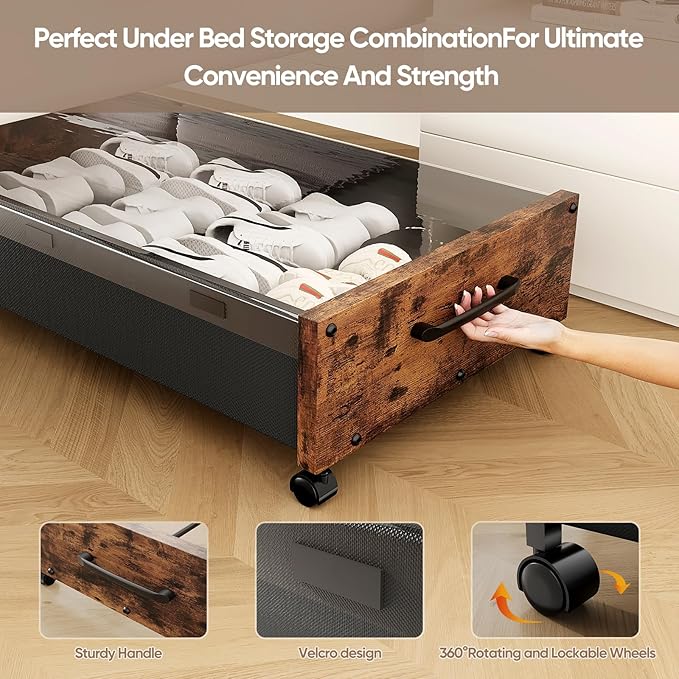 Wooden Under Bed Storage with Wheels, Rolling Under the Bed Storage Bins with Removable Lid, Metal Under Bed Drawers for Clothes and Shoes in Bedroom or Living Room(Walnut Brown-2pack)