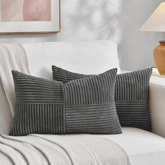 Fancy Homi 2 Packs Dark Gray Lumbar Decorative Throw Pillow Covers 14x24 Inch for Living Room Couch Bed Sofa, Farmhouse Home Decor, Soft Striped Corduroy Rectangle Accent Cushion Case 35x60 cm