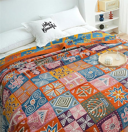 Boho Throw Blanket King Size Christmas Blanket 100% Cotton Blankets for Couch Bed, Cotton Quilts Muslin Bed Blanket 90''x 98'' Cozy Pre-Washed Decor Gift for All Seasons