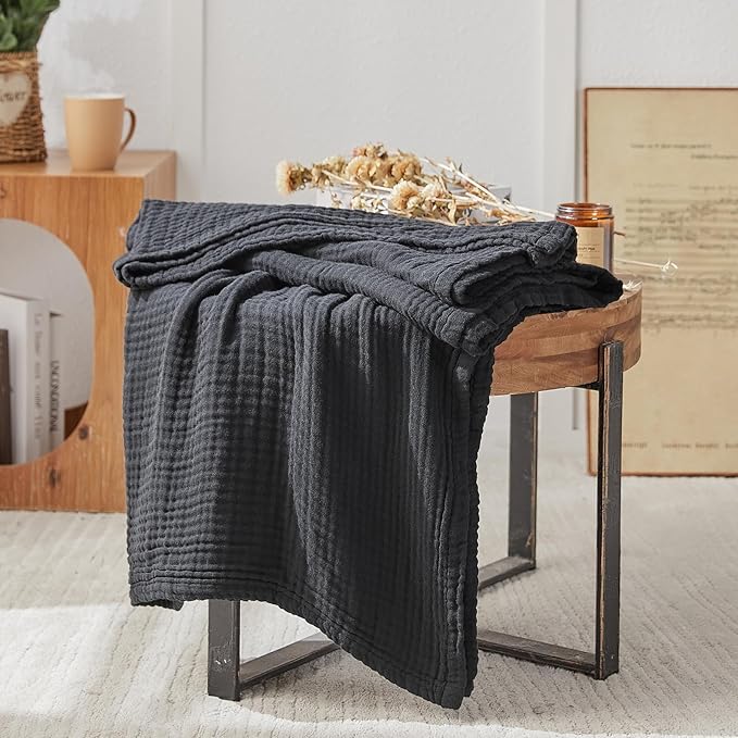 EMME Cotton Muslin King Blanket Bed Layering Breathable Gauze Blanket Soft Lightweight Blankets Adults (Black, 108"x90")
