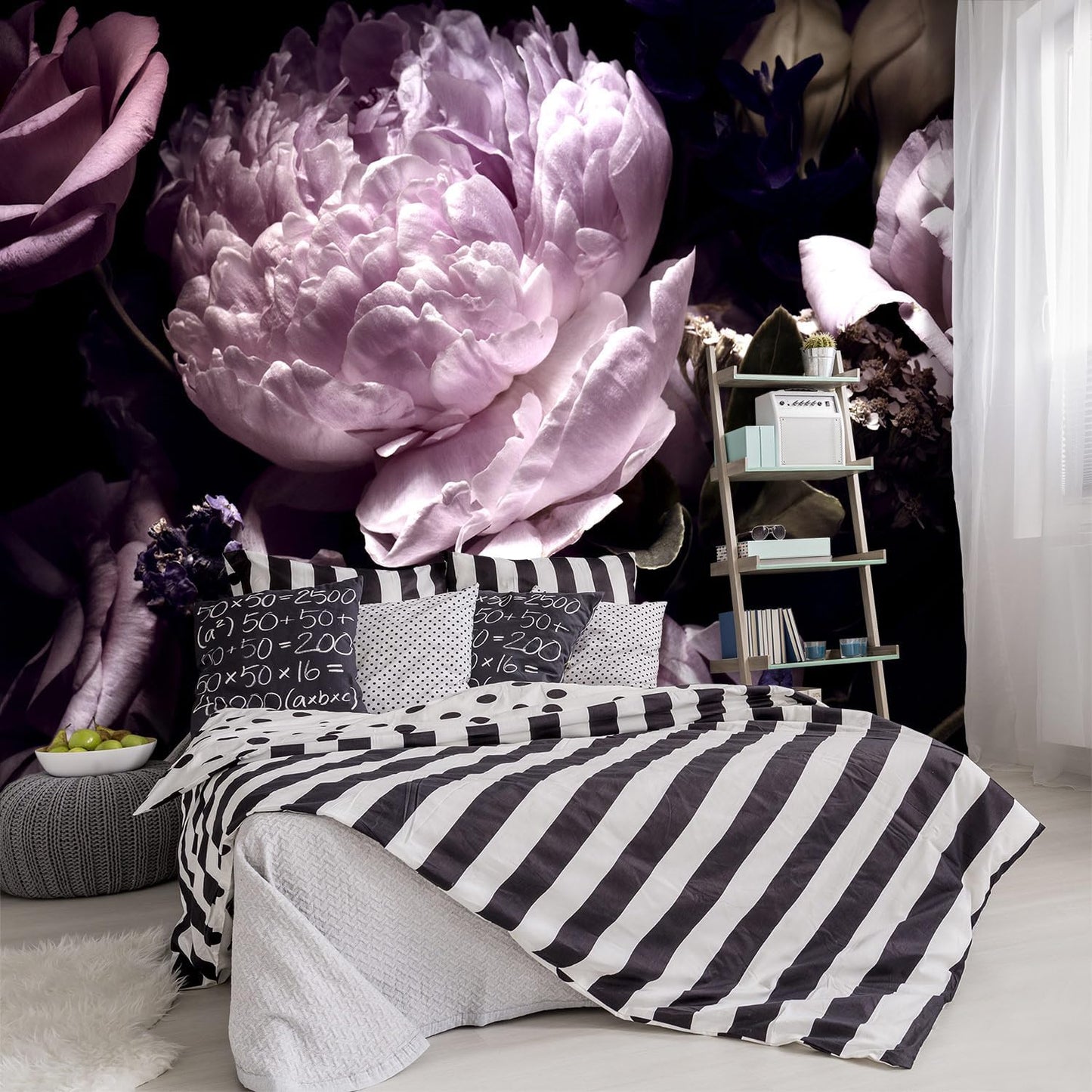 -Black Peony Purple Floral Botanical Fabric Wallpaper Living Room Bedroom Bathroom Dark Flowers Wall Mural- 91"x65"（ not Peel and Stick）