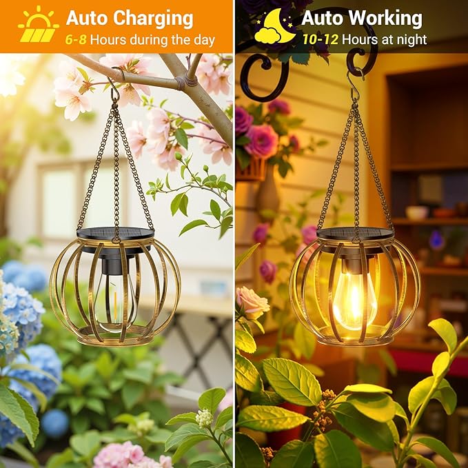 KOOPER Solar Lanterns Outdoor Waterproof, 4 Pack Upgraded Bronze Metal Hanging Solar Lights Outdoor Lanterns, Brighter Auto On/Off Outdoor Hanging Lantern for Yard Patio Pathway Porch Garden Decor