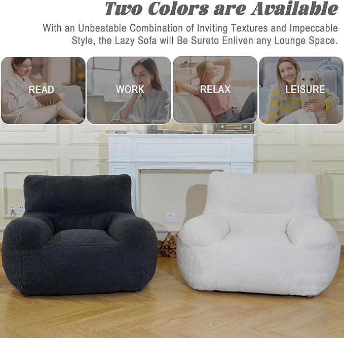 Giant Bean Bag Chair, Lambswool Bean Bag Chair for Adults, Eco-Friendly Filling Soft Bean Bag, White Been Bag for Bedroom, Living Room