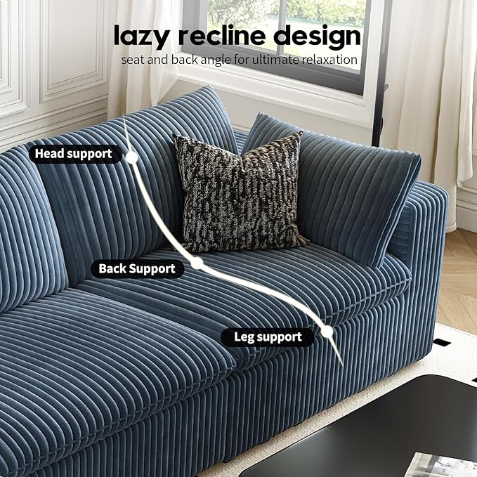 118" Cloud Couch Modular Sectional Sofa for Living Room,Modern Sofa with Deep Seat，L-Shape Boneless Couch with Ottoman,Comfy Upholstered Corduroy Couches for Apartment, Studio, Office,Bedroom，Blue