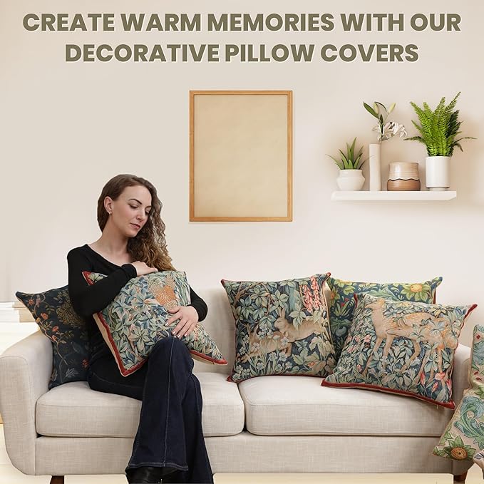 Charlotte Home Furnishings Decorative Tapestry Pillow Cover 14x14 in, Green Two Does Couch Throw Pillow Cover, French Country Square Cushion Cases for Bed Room Home Decor, Soft Cotton Jacquard Woven