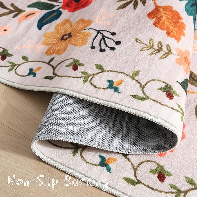 Door Mat Indoor Entrance 2x3 Rug Machine Washable Boho Floral Small Area Rug Non-Slip Low Pile Throw Rugs for Entryway, Kitchen, Front Door Indoor Entrance, Entry, Kids Room (Beige)