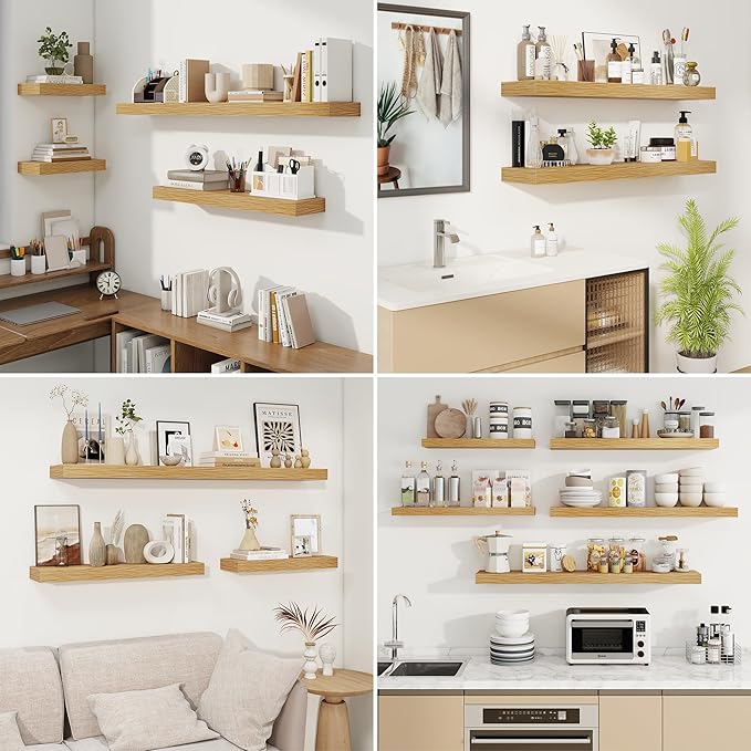 fuqing Floating Shelves for Wall, Bathroom Shelf Wall Mounted for Storage, Shelves with Invisible Bracket for Bedroom, Kitchen, Living Room, Farmhouse Small Book Shelf, 6.5 Inch Set of 3, Oak