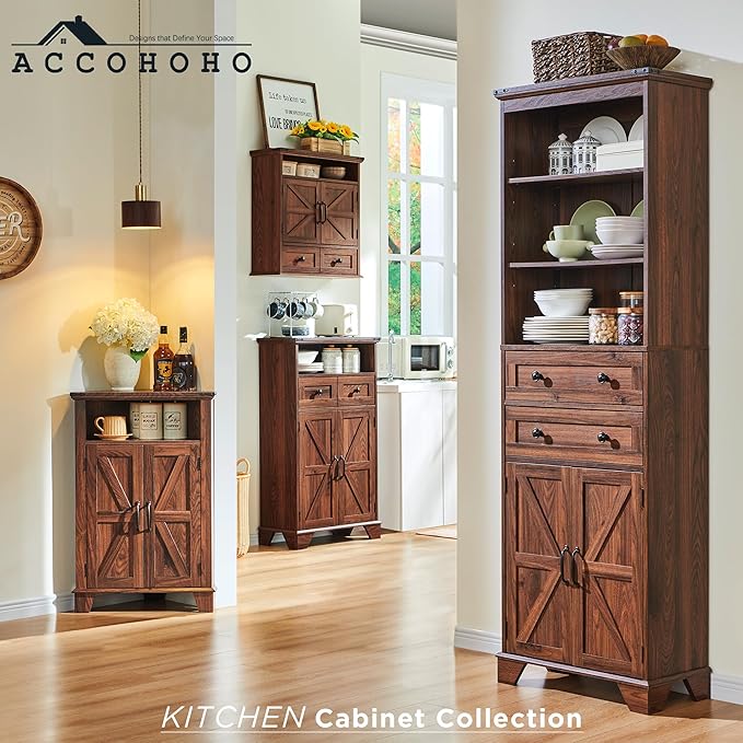 72" Tall Bathroom Storage Cabinet, Farmhouse Storage Cabinet with Adjustable Shelves, Barn Door & 2 Drawers, Cabinet for Bathroom, Living Room & Kitchen, Brown