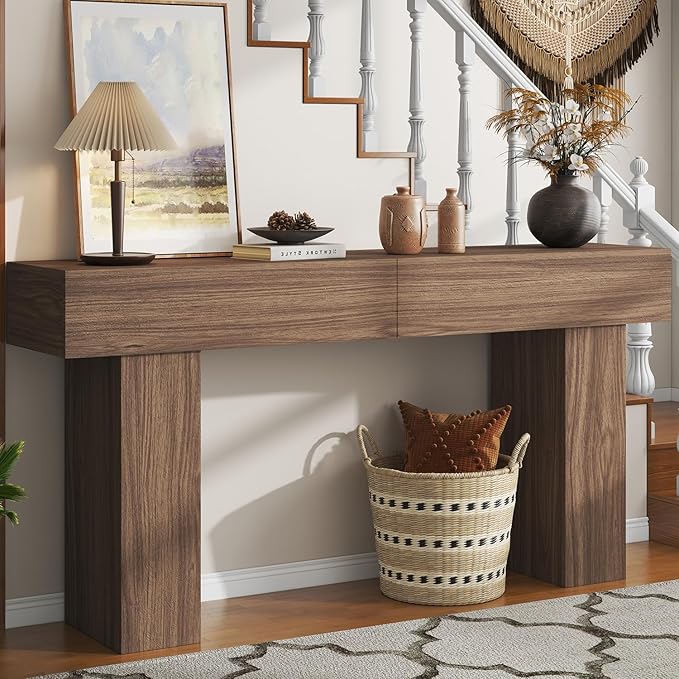 63 Inch Long Console Table for Entryway, Farmhouse Wood Rectangular Sofa Table Behind Couch Table, Narrow Entryway Table for Living Room, Entrance, Hallway, Foyer, Easy Assembly (Brown)