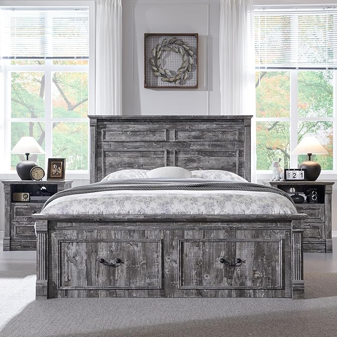 26" Tall Farmhouse Nightstand, 2 Drawers End Table w/Charging Station, 23.6" Wide Large Side Table w/Roman Column, Wood Rustic Sofa Table w/Open Shelf, Bedside Table for Bedroom, Light Gray