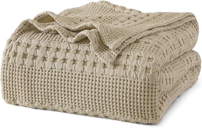 PHF 100% Cotton Waffle Weave Blanket Queen Size, Soft Lightweight Breathable Cozy Summer Blankets for Bed, Luxury Aesthetic Woven Bedding for Home Decor, 90"x90", Khaki