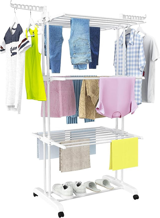 HOMIDEC Clothes Drying Rack, Large 4-Tier Foldable Drying Rack Clothing(67.7H x 19.7W x 30L Inches), Movable Drying Rack with 4 castors. Multifunctional Stainless Steel Laundry Drying Rack, White