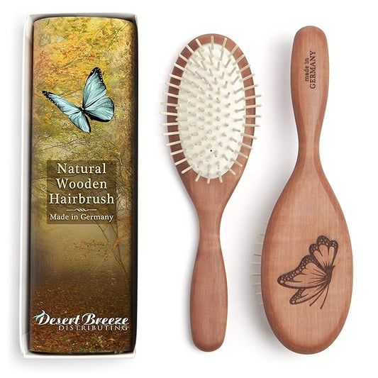 Desert Breeze Natural Wood Bristle Hair Brush, Gentle Scalp Massage, Pear Wood Handle, Made in Germany, For All Hair Types, Rounded Wooden Pins, Anti-Static