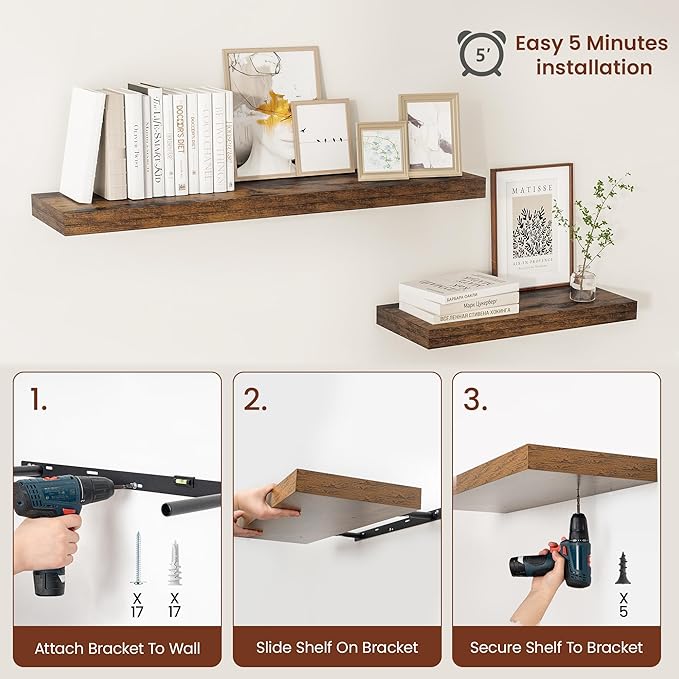 12" Deep Floating Shelves for Wall 48 Inches Long, Heavy Duty Wall Shelves for Bedroom Bathroom Kitchen Laundry Room, Farmhouse Rustic Shelves for Home Decor, 48" X 12" X 2" Set Of 2, Rustic Brown