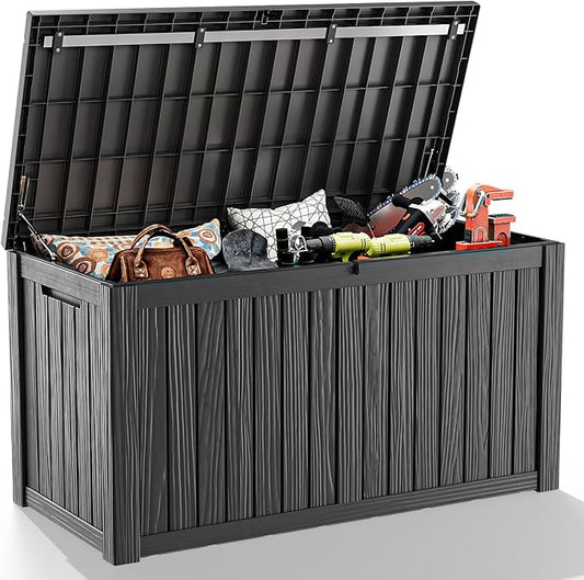 150 Gallon Outdoor Deck Box,Storage Lockable Waterproof Patio Furniture,Garden Tools,Cushions,Pool Accessories Outside Storage Resin Box(Black)