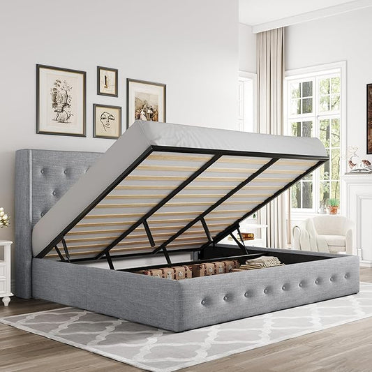 Allewie King Size Lift Up Storage Bed, Button Tufted Headboard with Wingback, Hydraulic Support, No Box Spring Needed, Light Grey