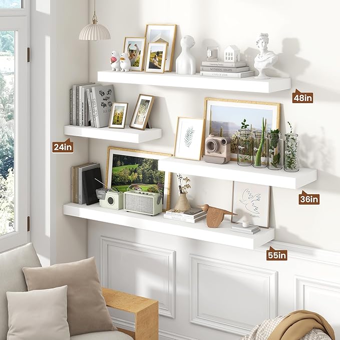 Heimlove 55 Inch Floating Shelves for Wall,10 Deep Large White Wall Shelf with Heavy Duty Brackets,Wall Mounted Storage & Display Shelves for Bedroom,Living Room,Kitchen,Office