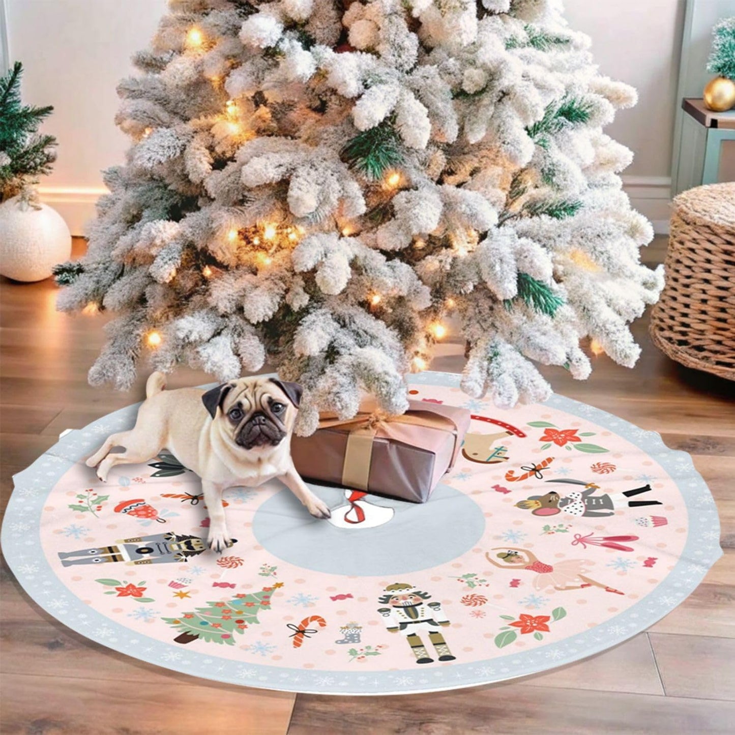 36" Cute Nutcracker Christmas Tree Skirt, Pink Sweet Candy Snowflakes Tree Mat Base Cover for Xmas Festive Holiday Party Decoration Ornaments