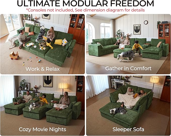 Oversized Modular Sofa Comfy Cloud Couch with Storage, Extra Deep Plush Sectional Sofa Set for Living Room, Covers Washable, Chenille, Olar (Green, 6-Seater with 2 Corners, u-Shaped)