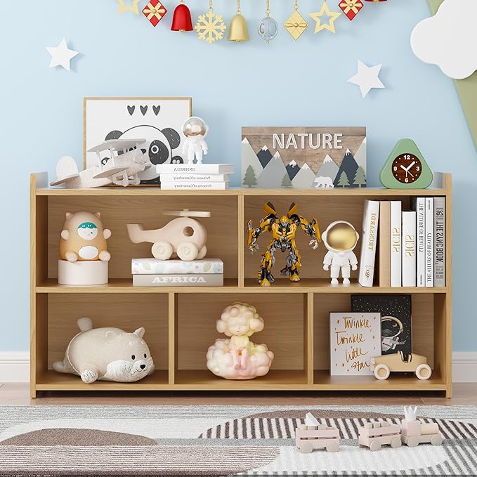 Book Shelf Set of 2, 5 Cubes Storage Organizer, Freestanding Log Bookshelf Cube Shelf for Bedroom, Living Room, Home Office, Open Bookshelf Wooden Bookcase