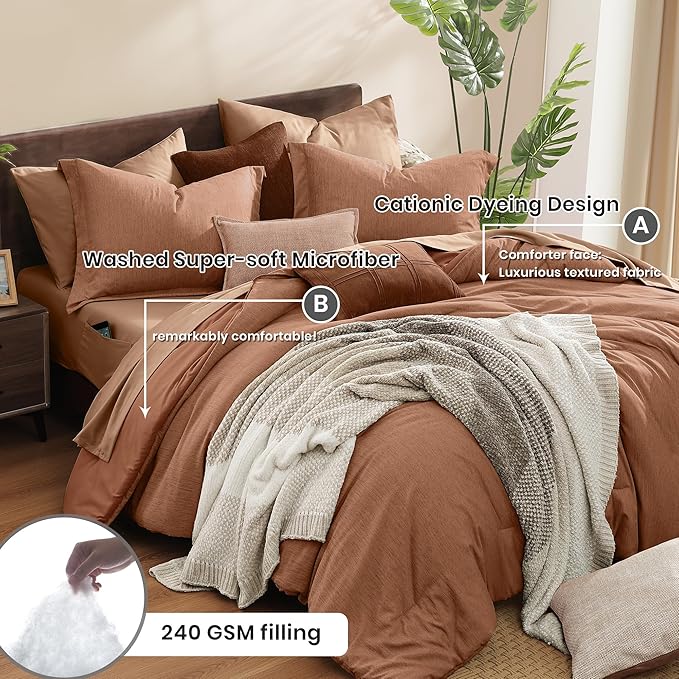 Monbix California King Comforter Set - 7 Pieces Cationic Dyeing Autumn Leaf Bed in a Bag Cal King Bed Sets with Comforter, Sheets, Pillowcases & Shams, Reversible Bedding Comforters Sets (108 * 92)