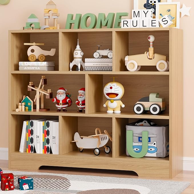 Book Shelf Set of 2, 8 Cubes Storage Organizer, 3-Tier Open Shelf Wooden Bookcase, Freestanding Wooden Bookshelf Cube Shelf for Bedroom, Living Room, Home Office