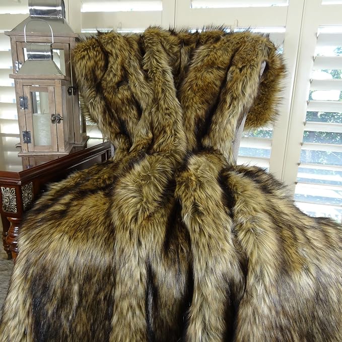 Brown Faux Fur Throw Blanket and Bedspread Caramel and Coffee Colors, Realistic Faux Brown Wolf - Light & Dark Brown Faux Fur - Luxury Throw Blanket, Made in USA, 16406