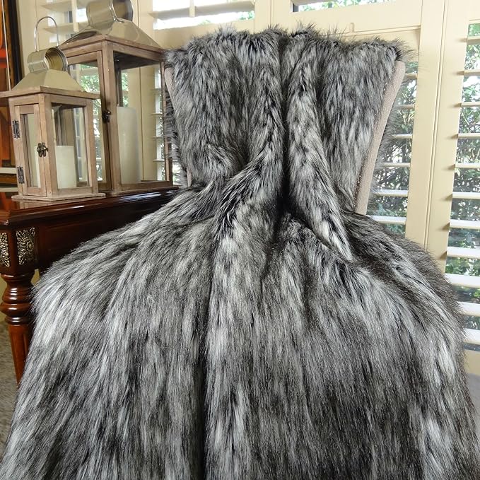 Exotic Siberian Husky Faux Faur Throw Blanket - Gray White Black Husky Fur - Gray Faux Fur Throw Blanket - Luxury Soft Faux Fur, Made in USA, 16411