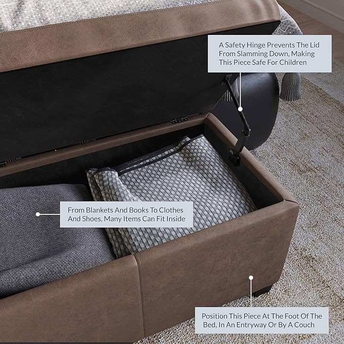 BELLEZE 47 Inch Storage Ottoman, Faux Leather Storage Bench Bedroom Bench with Safety Close Hinge, Ottoman with Storage for Living Room, Entryway, Hallway, Foot Rest, Support 300lbs - Rustic Brown