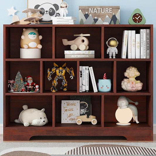 Book Shelf, 10 Cubes Storage Organizer, 3-Tier Open Shelf Wooden Bookcase, Freestanding Cherry Bookshelf Cube Shelf for Living Room
