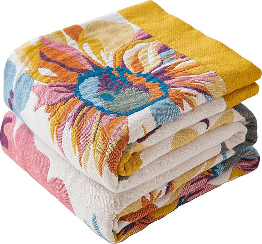 Boho Throw Blanket Throw Size, Soft Cozy Cotton Muslin Quilt Blanket for Bed Decor, Floral Patterned Couch Sofa Chair Cover, Vintage Farmhouse Cottage Tapestry Woven Blanket, Yellow&Blue
