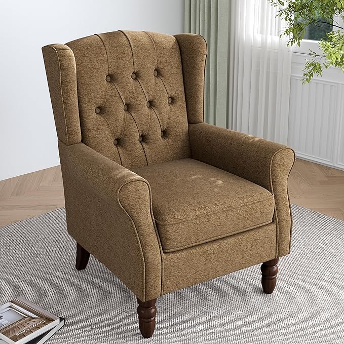 Lumibee High Back Accent Chair,Upholstered Wingback Armchair with Solid Wood Legs for Small Spaces,Comfy Single Sofa Chair for Living Room,Bedroom,Office-Gray