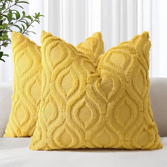 decorUhome Throw Pillow Covers 26x26 Inch Set of 2, Soft Plush Decorative Faux Fur Mustard Yellow Solid Couch Pillow Covers, Accent Farmhouse Neutral Square Euro Pillow Cases for Sofa Bed Living Room